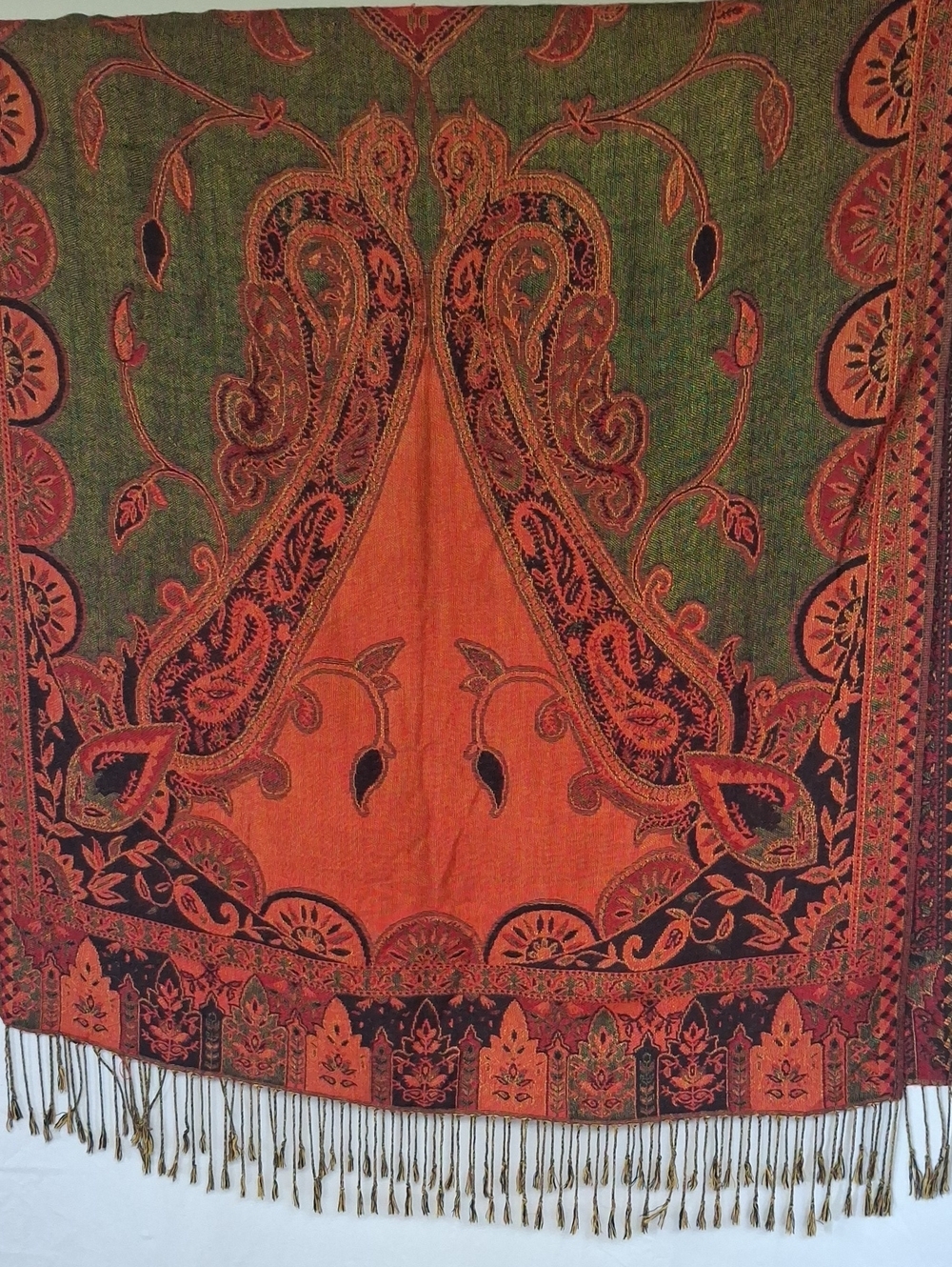 Vintage Reversible Paisley Pashmina Shawl Wrap Orange Red Olive Green Fringe